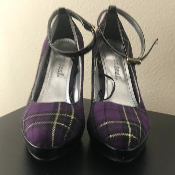 Wet Seal Purple/Gold Plaid Platform Heels with Ankle Strap - Picture 2 of 6